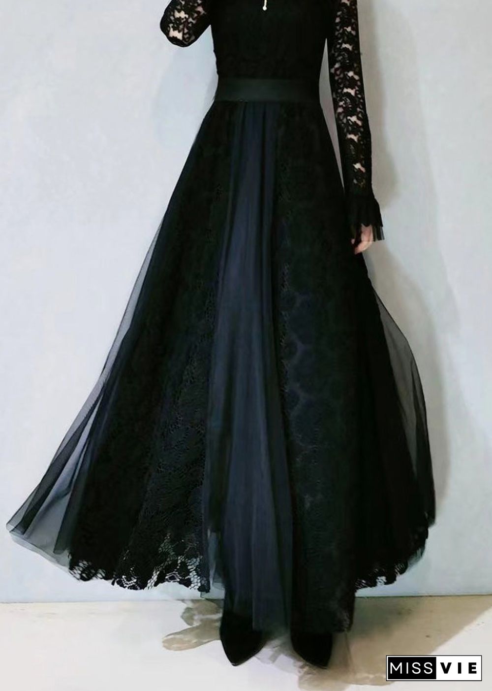 Modern Black High Waist Lace Patchwork Tulle A Line Skirt Spring