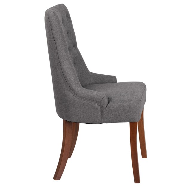 Emma And Oliver Gray Fabric Tufted Chair With Curved Mahogany Legs