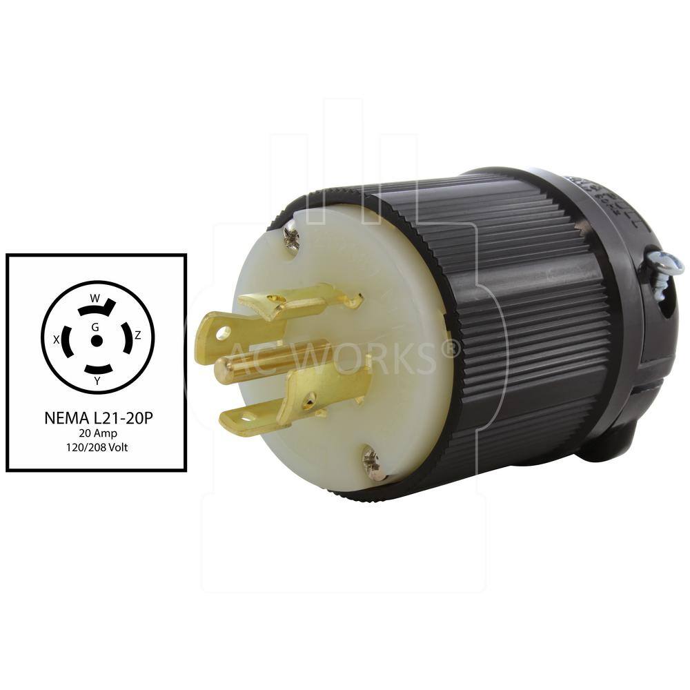 AC WORKS NEMA 20 Amp 3-Phase 120208-Volt 3PY 5-Wire Locking Male Plug with UL C-UL Approval ASL2120P-BK