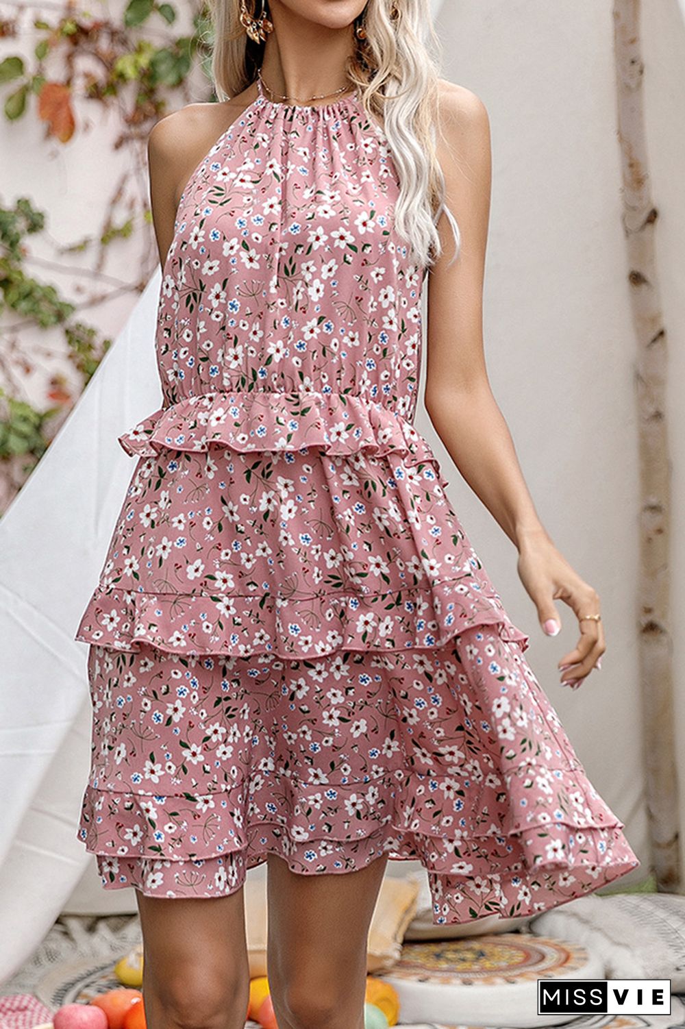 Sleeveless Halter Flower Print Tiered Dress