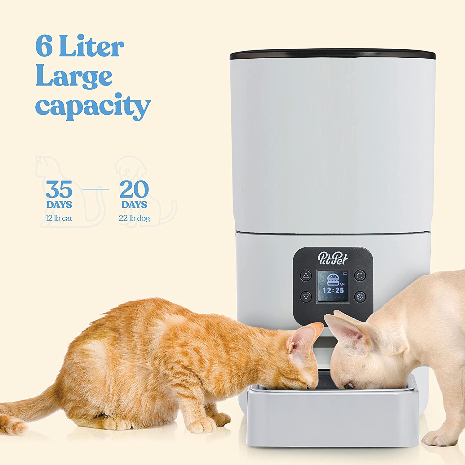 Smart Automatic Cat Feeder - 6-L Reliable Cat Food Dispenser with Display LCD Screen for Easy Set Up - Portion Control Automatic Dog Feeder with Desiccant Bag Keeps Dry Food Fresh - 10s Voice Recorder