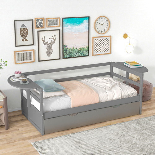 Twin Size Daybed with Trundle and Foldable Shelves...