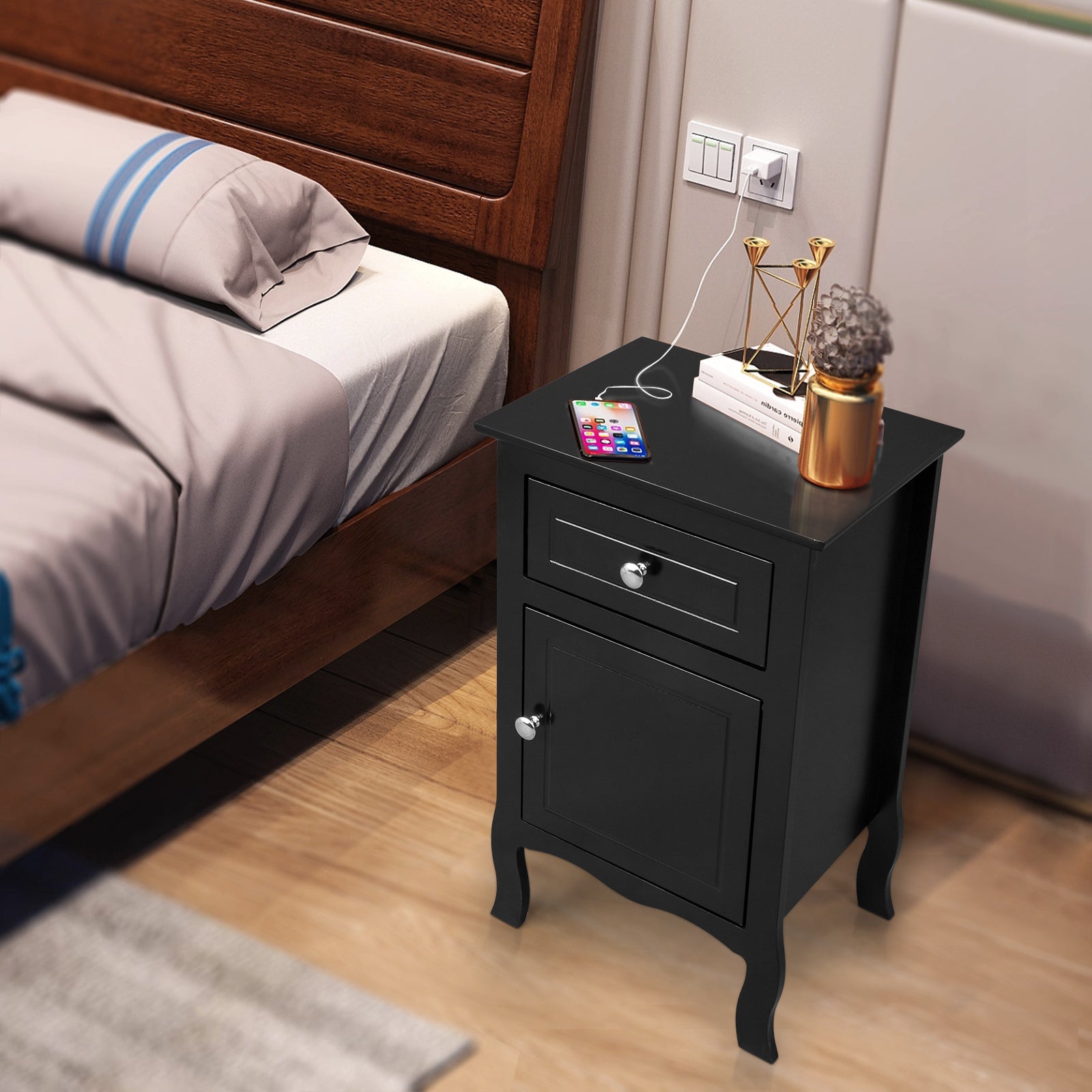 Set of 2 Nightstand Bedroom Bedside Table with Drawer and Cabinet Storage, Country Style Night End Table with Mental Handle, Suitable for Living Room Bedroom, Black