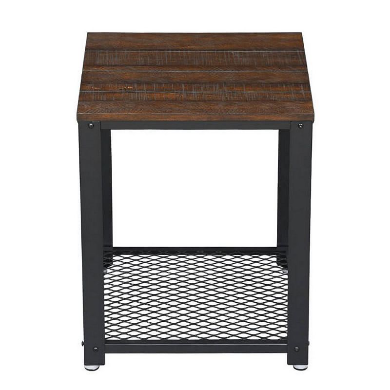 Matt 22 Inch Metal Framed End Side Table， Wood Top， Wire Mesh Open Shelf， Brown， Black