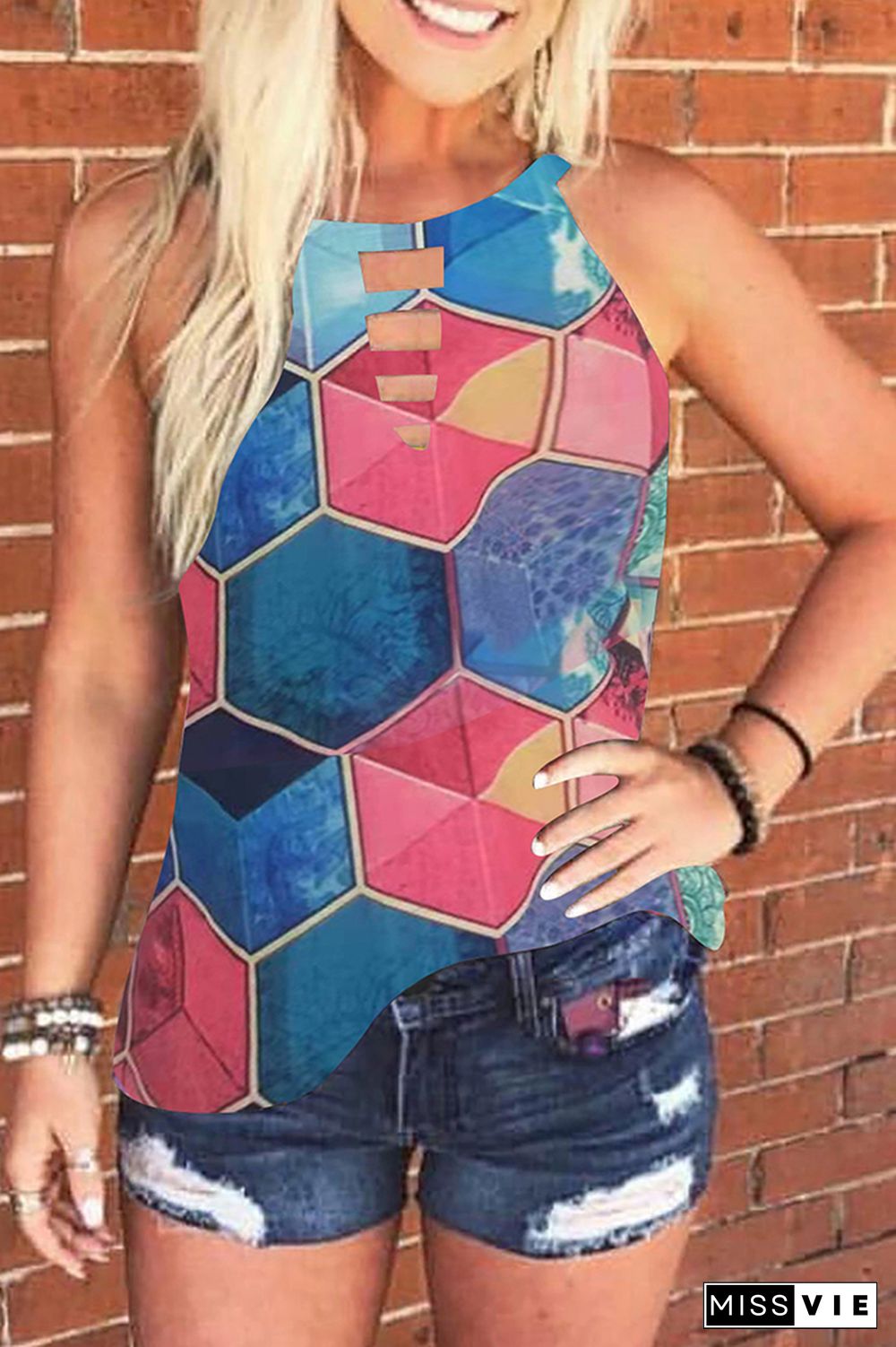 Aztec Print Round Collar Tank Top