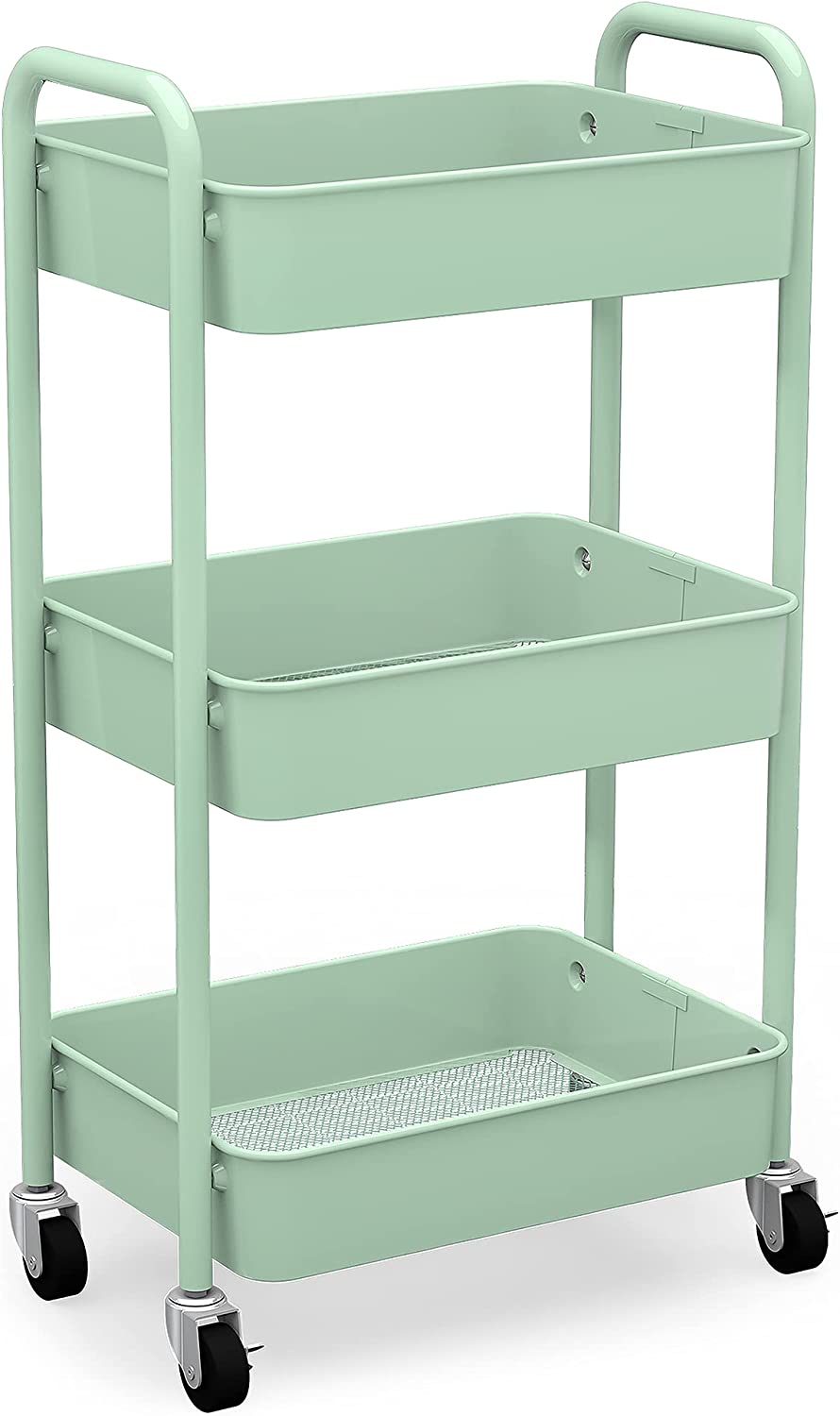 CAXXA 3-Tier Rolling Metal Storage Organizer - Mobile Utility Cart， Kitchen Cart with Caster Wheels (Aqua Green)