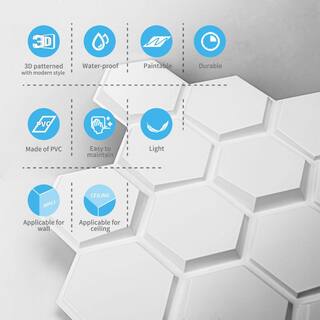 Art3dwallpanels 19.7 in. x 19.7 in. White Hexagon Design PVC 3D Wall Panels for Interior Wall Decor Pack of 12-Tiles (25 sq. ft.Case) A10hd063