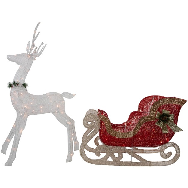 Lighted White Reindeer With Sleigh Christmas Decoration