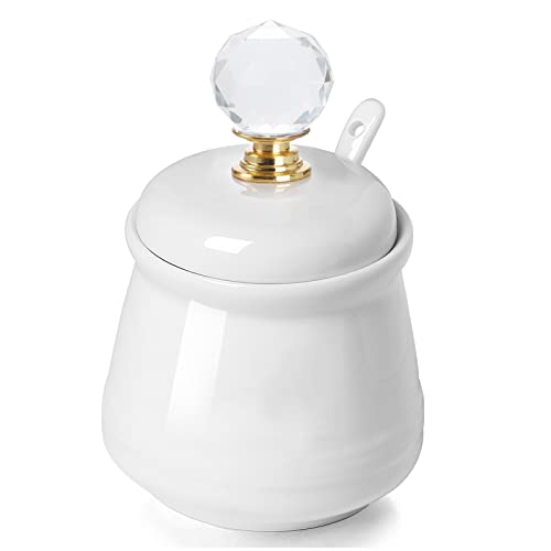 Sugar Bowl，Ceramics Sugar jar with Round Crystal Lid and Spoon 12oz，Silver