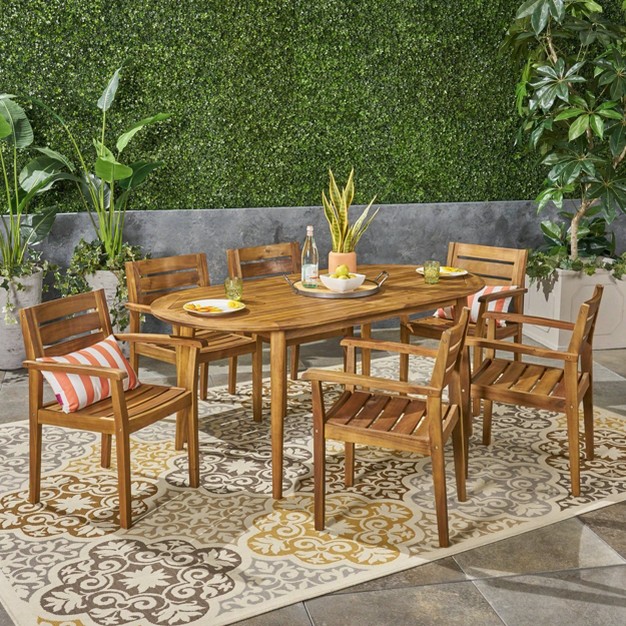 Midvale 7pc Acacia Wood Dining Set Teak Christopher Knight Home