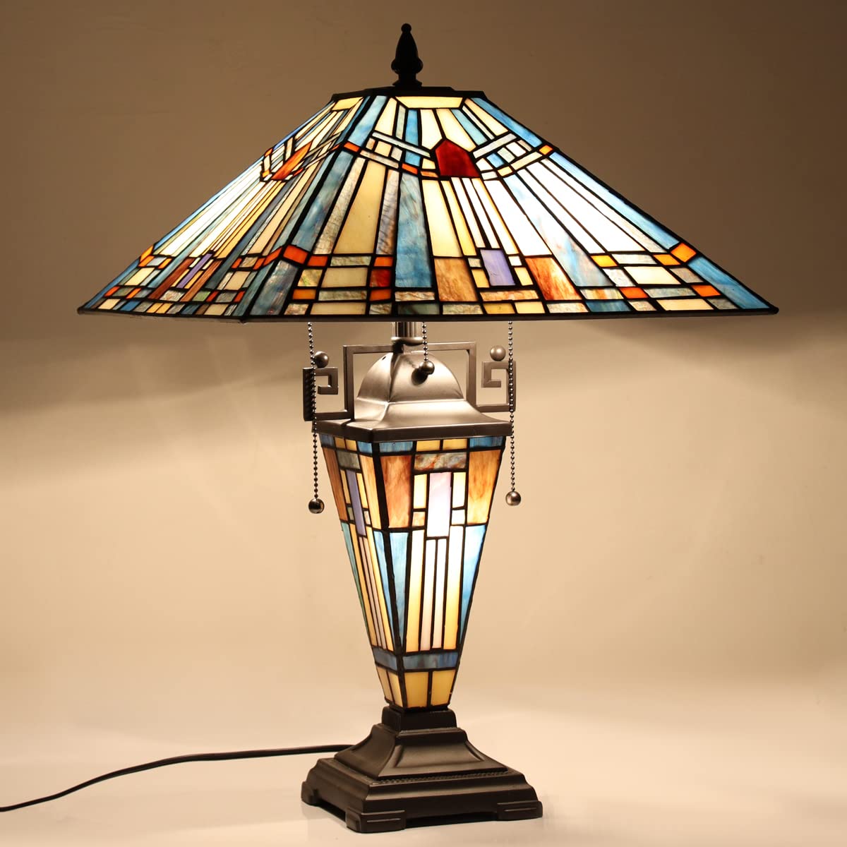 Vinplus Tiffany Table Lamp Night Light 16" Wide Handmade Stained Glass Lamp Shade 3 Light Blue Mission Style Vintage Table Lamp