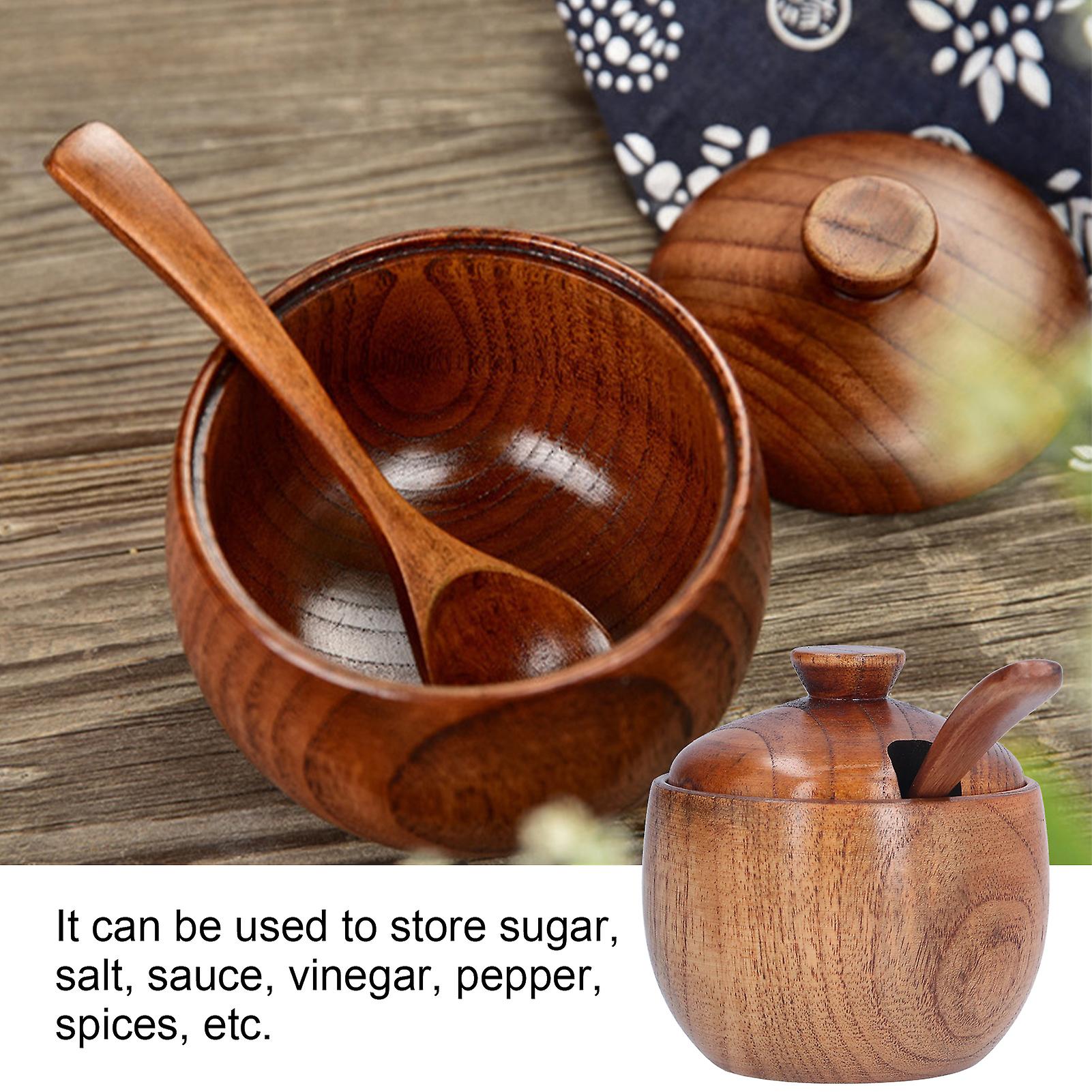 Wooden Seasoning Spice Jar， Portable Condiment Container Pots Easy To Clean Salt Container With Lid And Spoon For Chili Powder Candy Salt