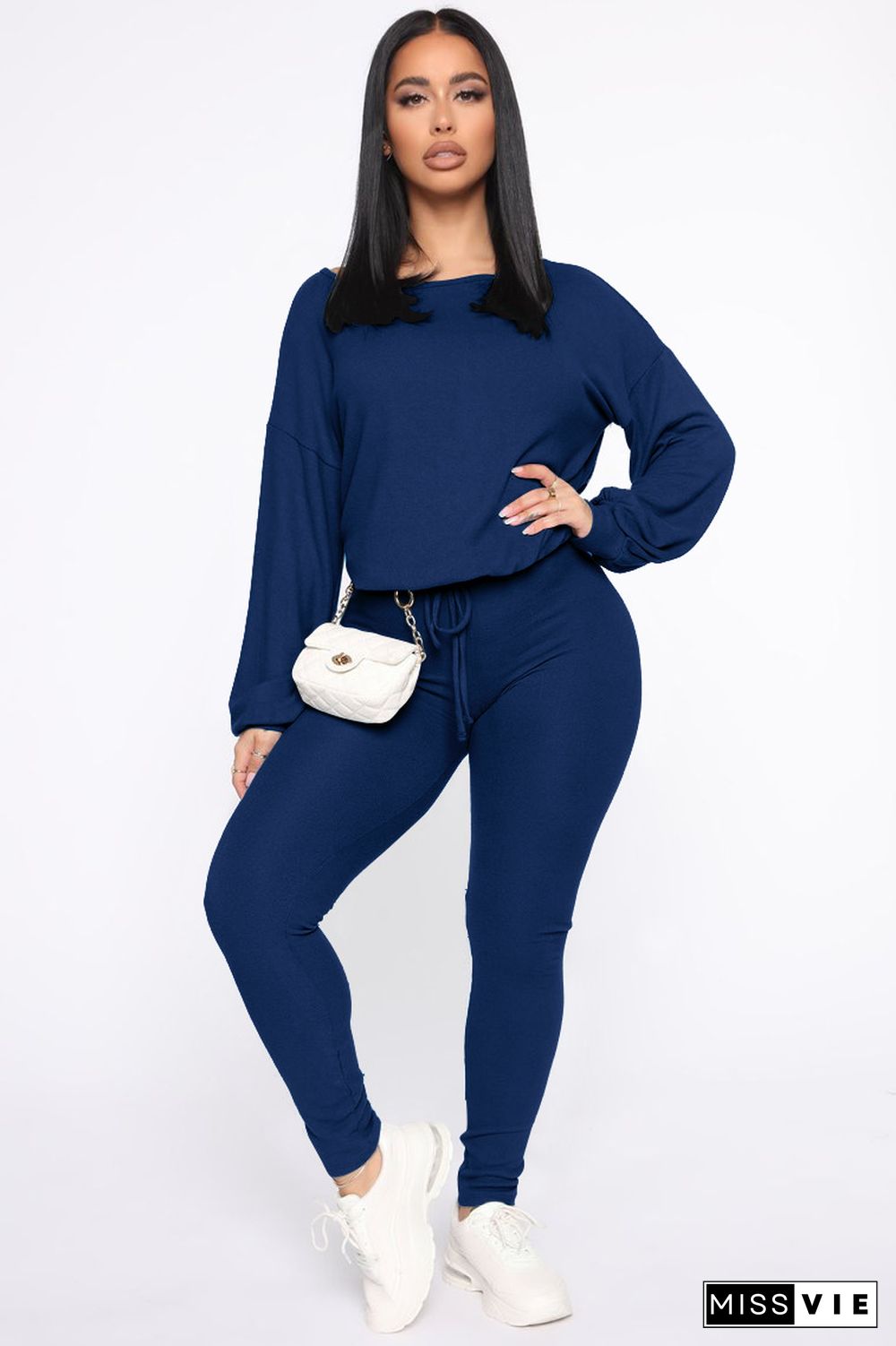 Fashion Solid Color Round Neck Long Sleeve Two-piece Pants Set