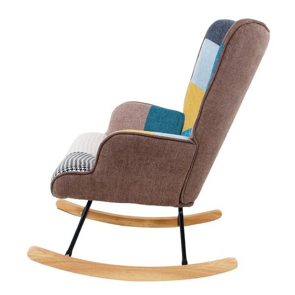 Fabric Rocker Chair with Wood Legs and Patchwork Linen