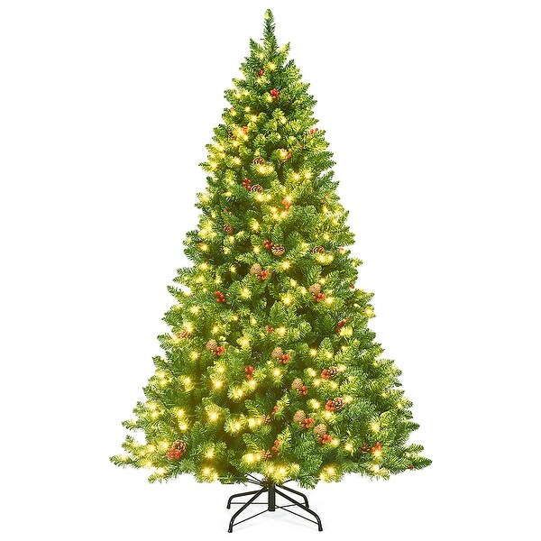 Costway 6.5Ft Prelit Hinged Christmas Tree w/ Pine Cones Red Berries