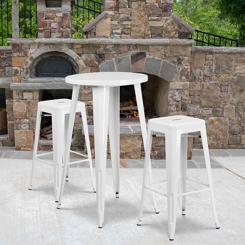 24 quotRound Metal Indoor/Outdoor Bar Table Set  White   Industrial   Outdoor Pub And Bistro Sets   by First of a Kind USA Inc  Houzz