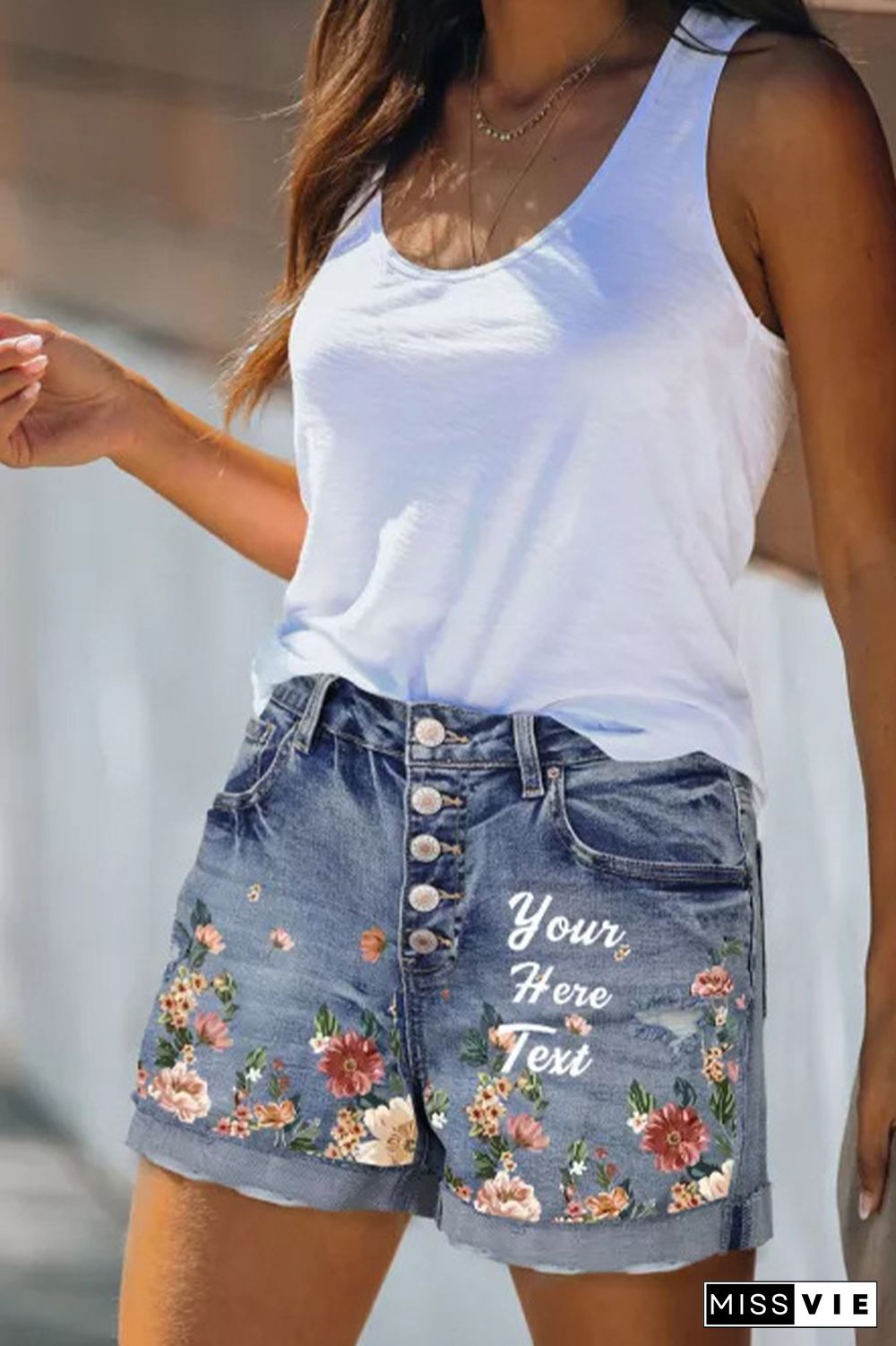 Flower Print Button Down Jean Shorts Wholesale