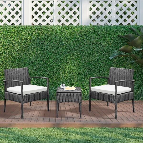 Outdoor Furniture 3 Piece Patio Bistro Furniture Set，Rattan Conversation Chairs Set with Side Table and Cushions