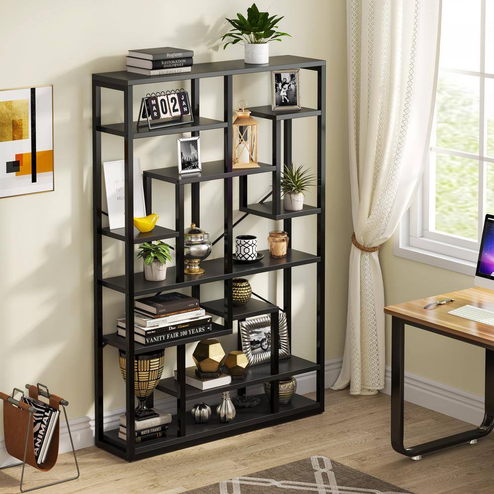 BYBLIGHT Eulas 70.8 in. Black Wood 10 Shelf Etagere Bookcase with Open Shelves BB-CJ148DT