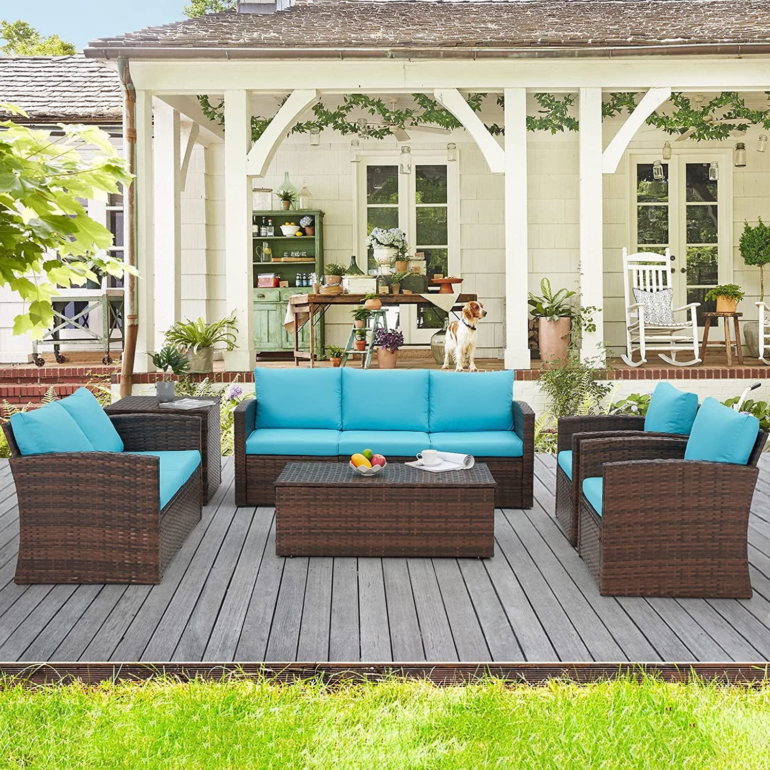 AECOJOY 6 Pieces Outdoor Furniture Set Patio Rattan Wicker Sectional Sofa Conversation Set, Blue