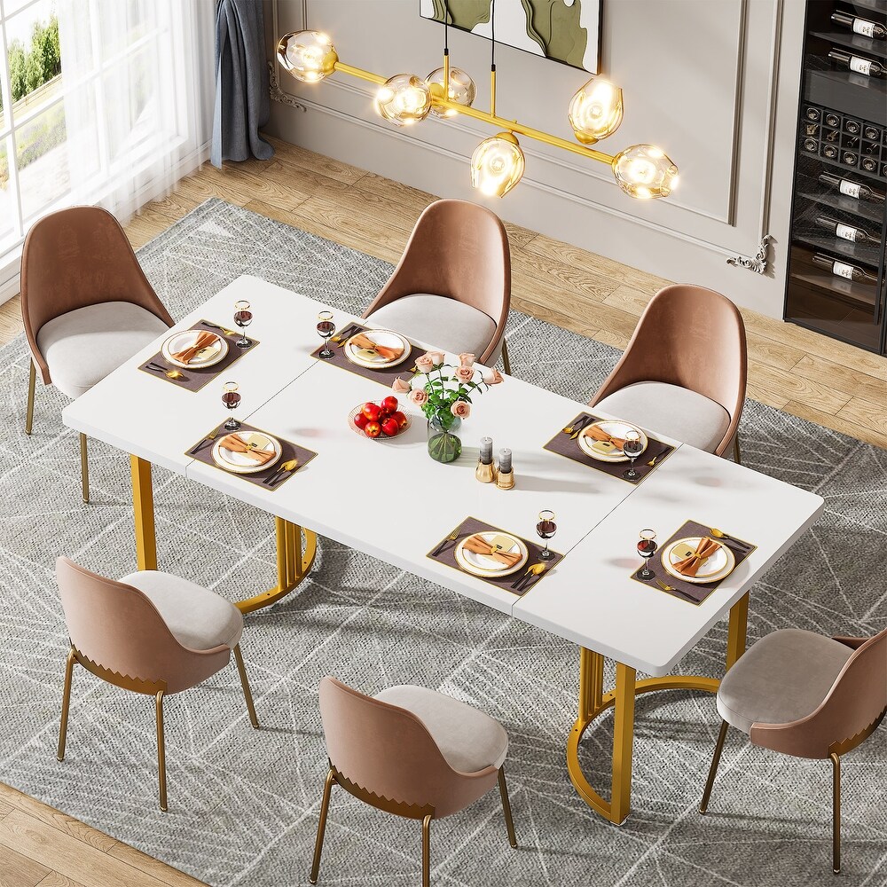 Modern Dining Table for 6 to 8  71 Inch White Kitchen Table with Gold Base  Rectangular Dinner Table for Dining Room