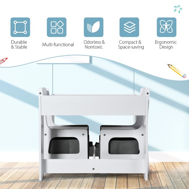 Tangkula 3 In 1 Kids Wood Table Chairs Set W Storage Box Blackboard Drawing Grey