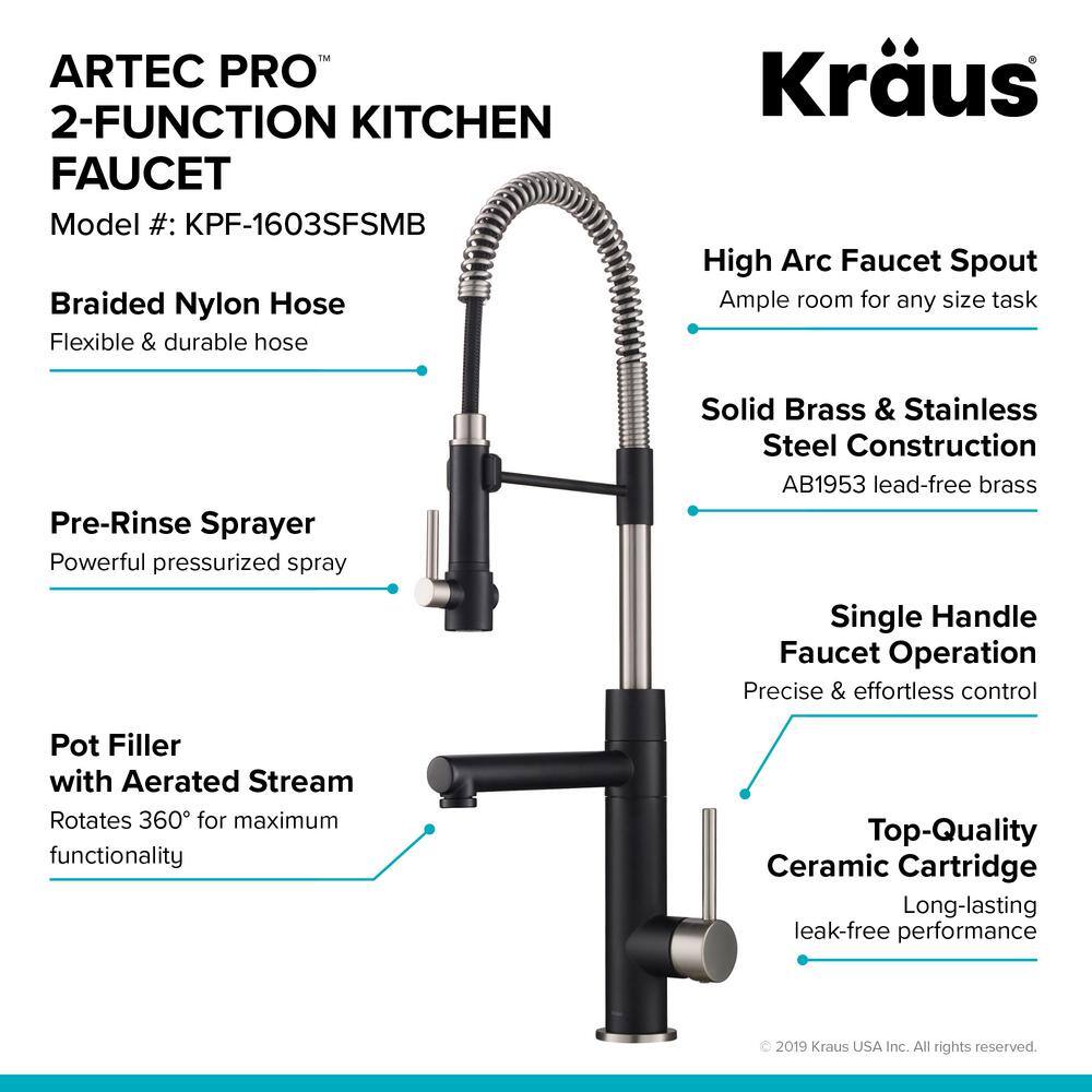 KRAUS Artec Pro Single-Handle Pull Down Sprayer Kitchen Faucet with Soap Dispenser in Stainless SteelMatte Black KPF-1603SFSMB-KSD-32MB