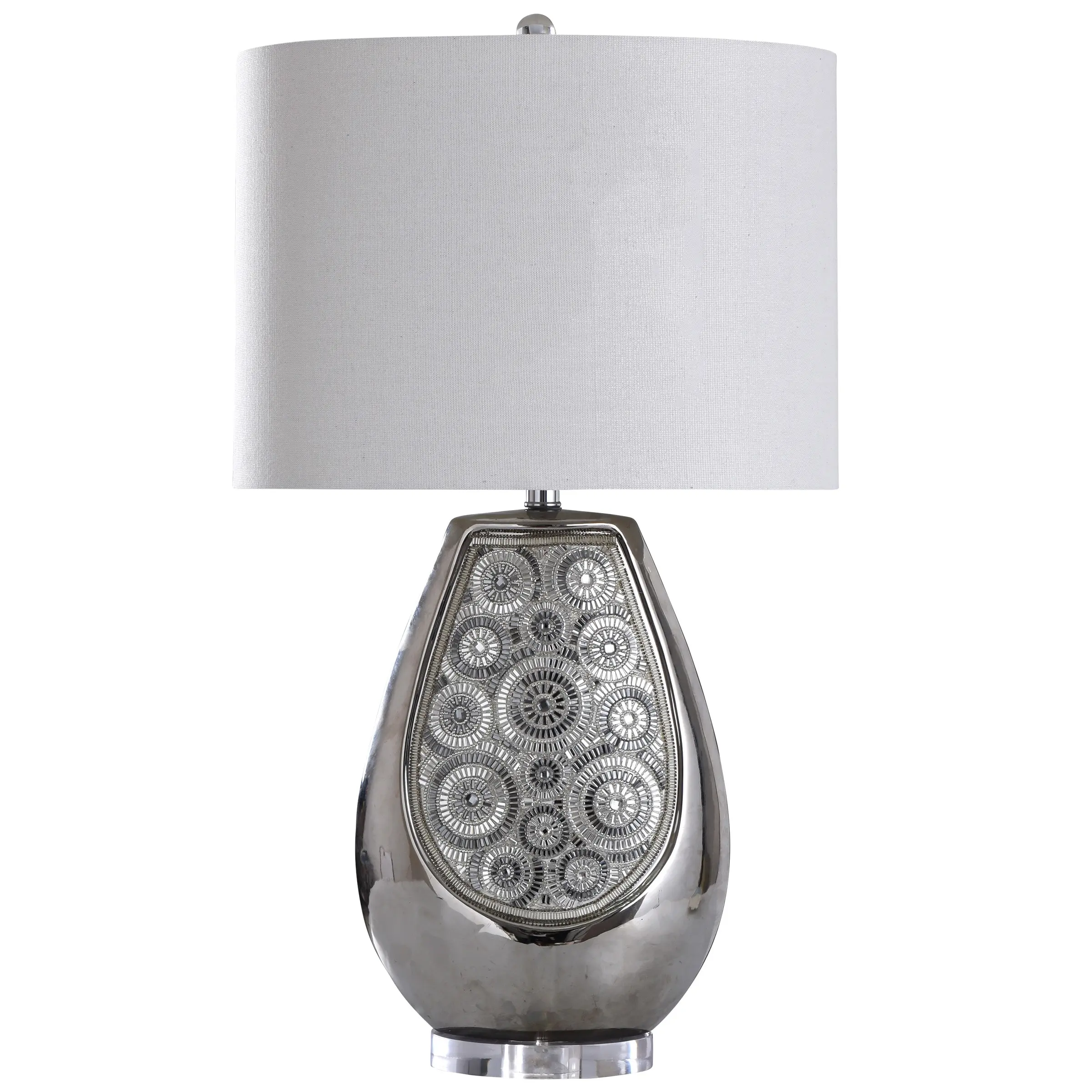 StyleCraft Selsey Crystal Circular Design Ceramic Table Lamp with Off White Fabric Drum Shade