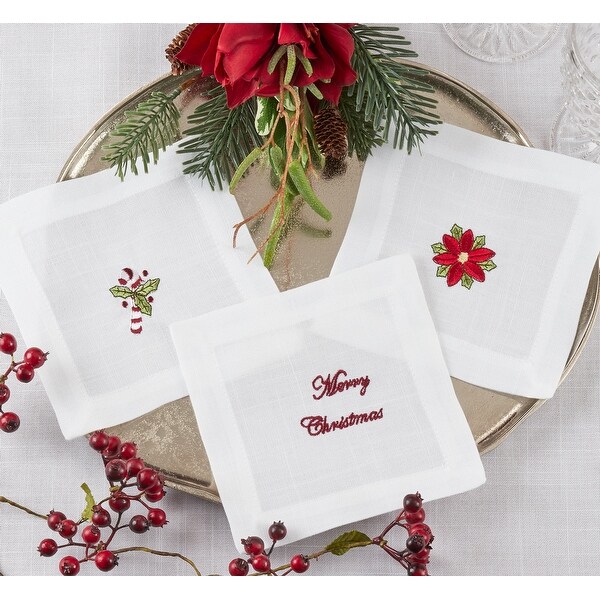 Embroidered Cocktail Napkins With Merry Christmas Design (Set of 12)