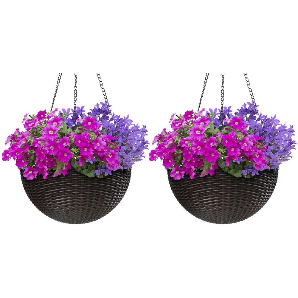 Sorbus Large Hanging Planter Round Self-Watering Basket Resin Woven Wicker Style (2-Pack) GRDN-SWP14-2PK