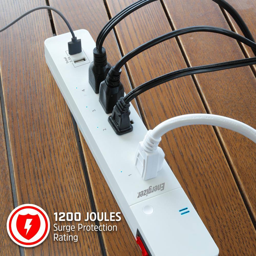 Energizer Smart Wi-Fi 4-Outlet 2 USB Ports Power Strip Surge Protector 1200 Joules Voice Control EIS3-1000-WHT