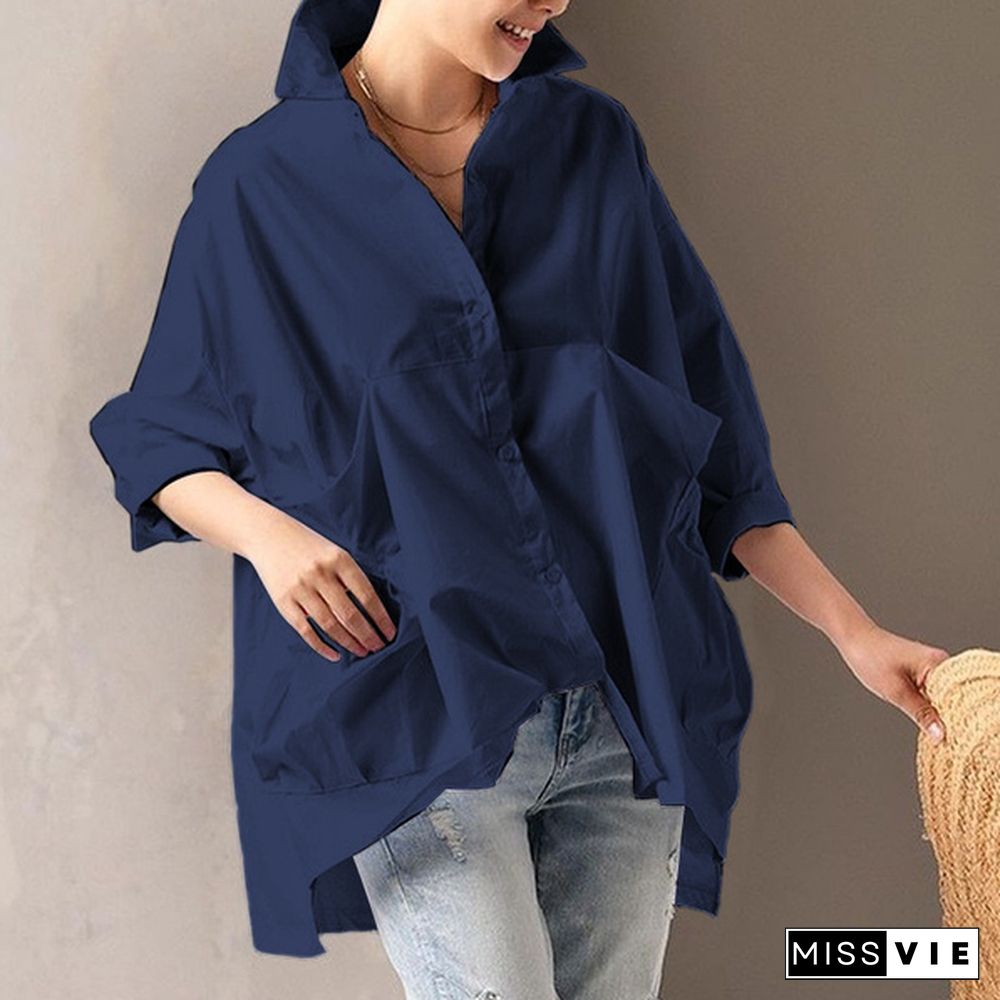 Plus Size Women Casual Baggy Long Sleeved Irregular Hem Tops Lapel Button Up Blouse Shirts With Pockets Blusas Femininas