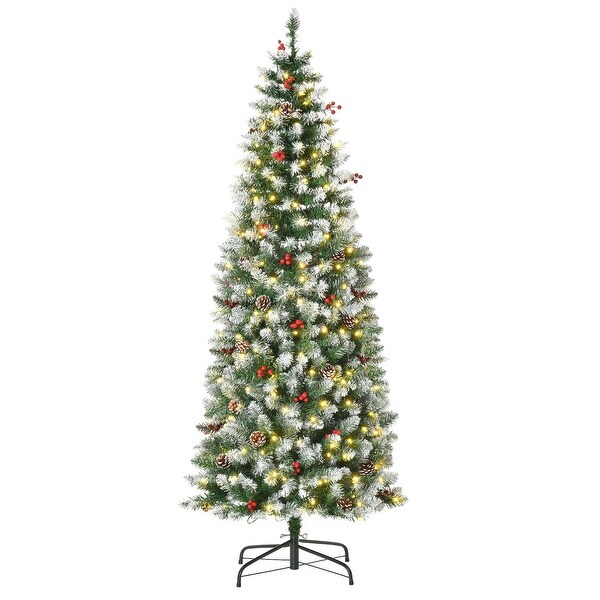 PreLit SnowDusted Artificial Christmas Tree with Realistic Branches，LED Lights，Pine Cones，Red Berries