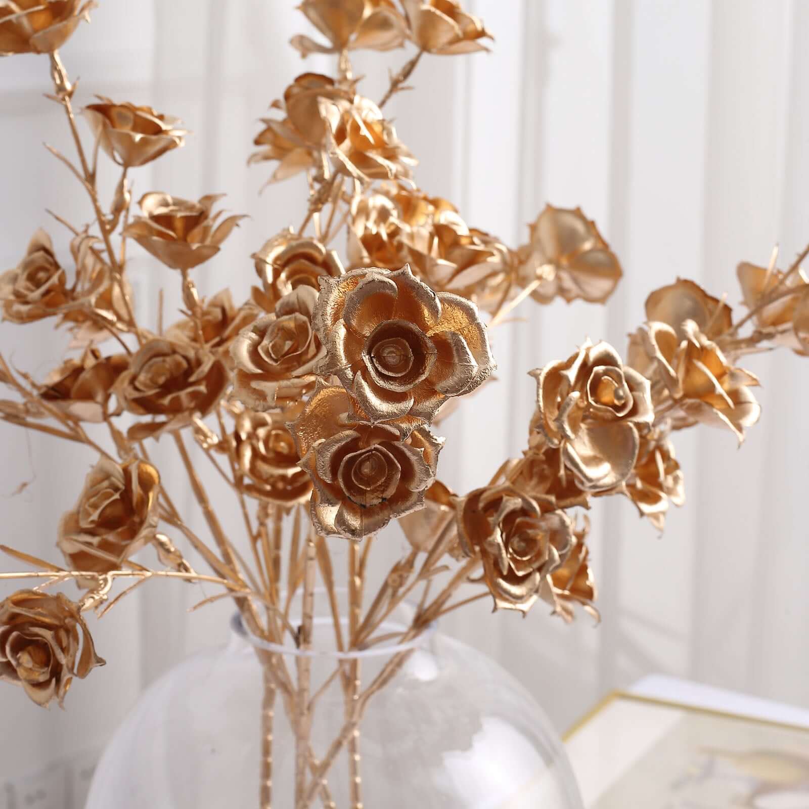 3 Pack Metallic Gold Artificial Rose Flower Sprays, Decorative Floral Branches 22