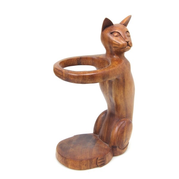 Handmade Wine-Loving Cat Wood Bottle Holder (indonesia) - 9.5