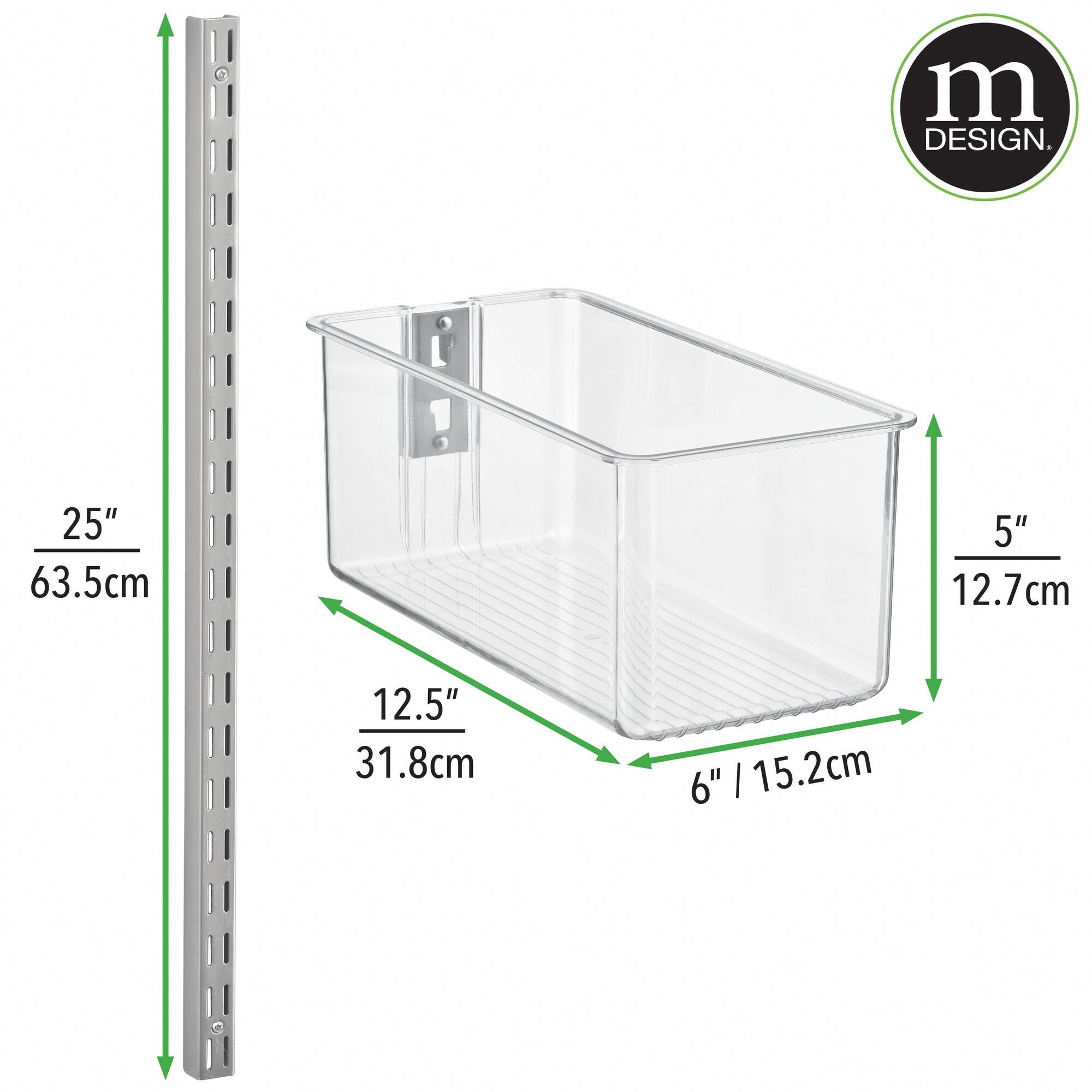 mDesign Plastic Wall Mount Bins with Metal Hanging Bar - Repositionable Bins - For Closet Storage and Organization - Holds Belts, Leggings, Shoes, Purses, Scarfs - Bins 5"  - Set of 3 - Clear