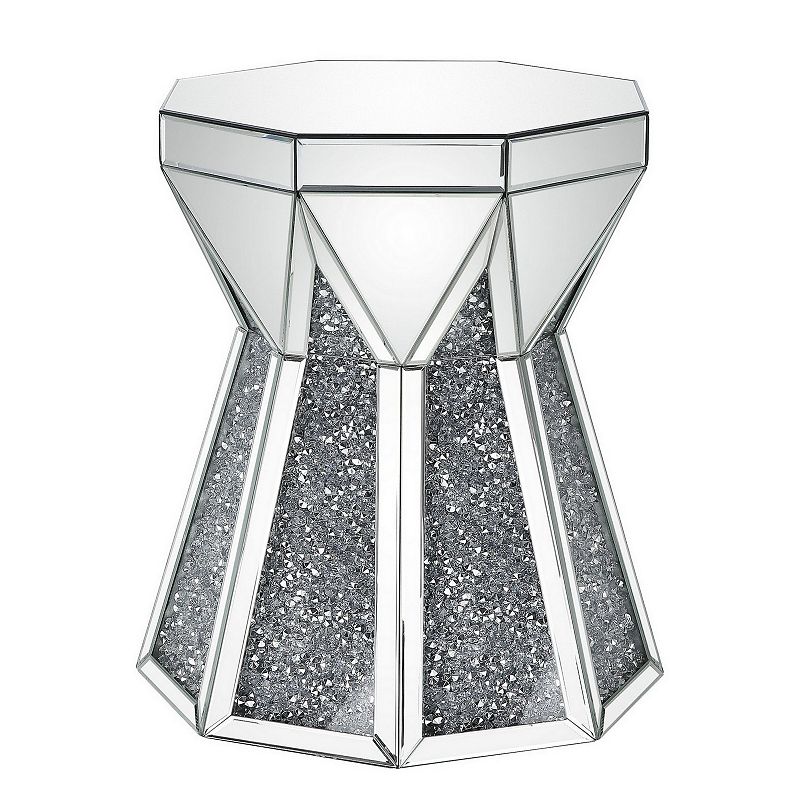 Multiple Faceted Mirrored End Table with Faux Diamonds， Silver