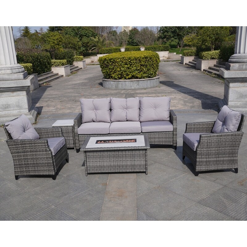 5 Piece Patio Rattan Sofa Set with Fire Pit Table