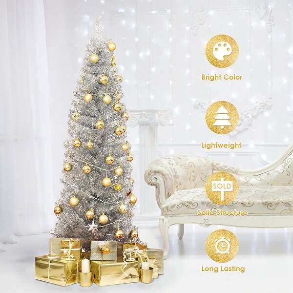 Costway 6FT Tinsel Tree Slim Pencil Christmas Tree Silver Champagne