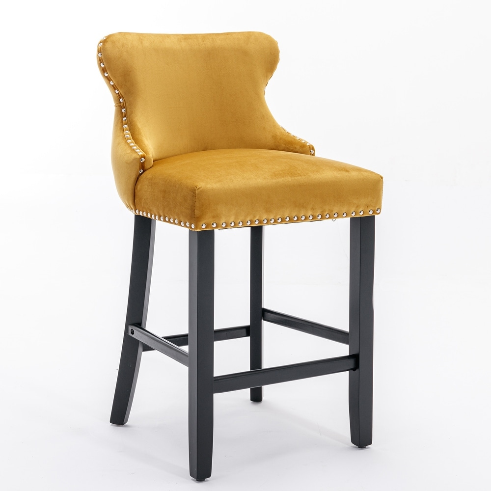 Contemporary Velvet Bar Upholstered Wing Back Barstools with Button Tufted Decoration and Wooden Legs  Set of 4