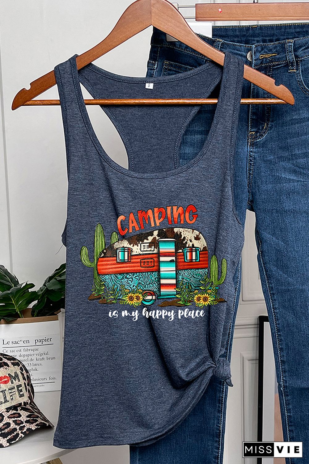 Camping is My Happy Place Printed Sleeveless Tank Top Wholesale