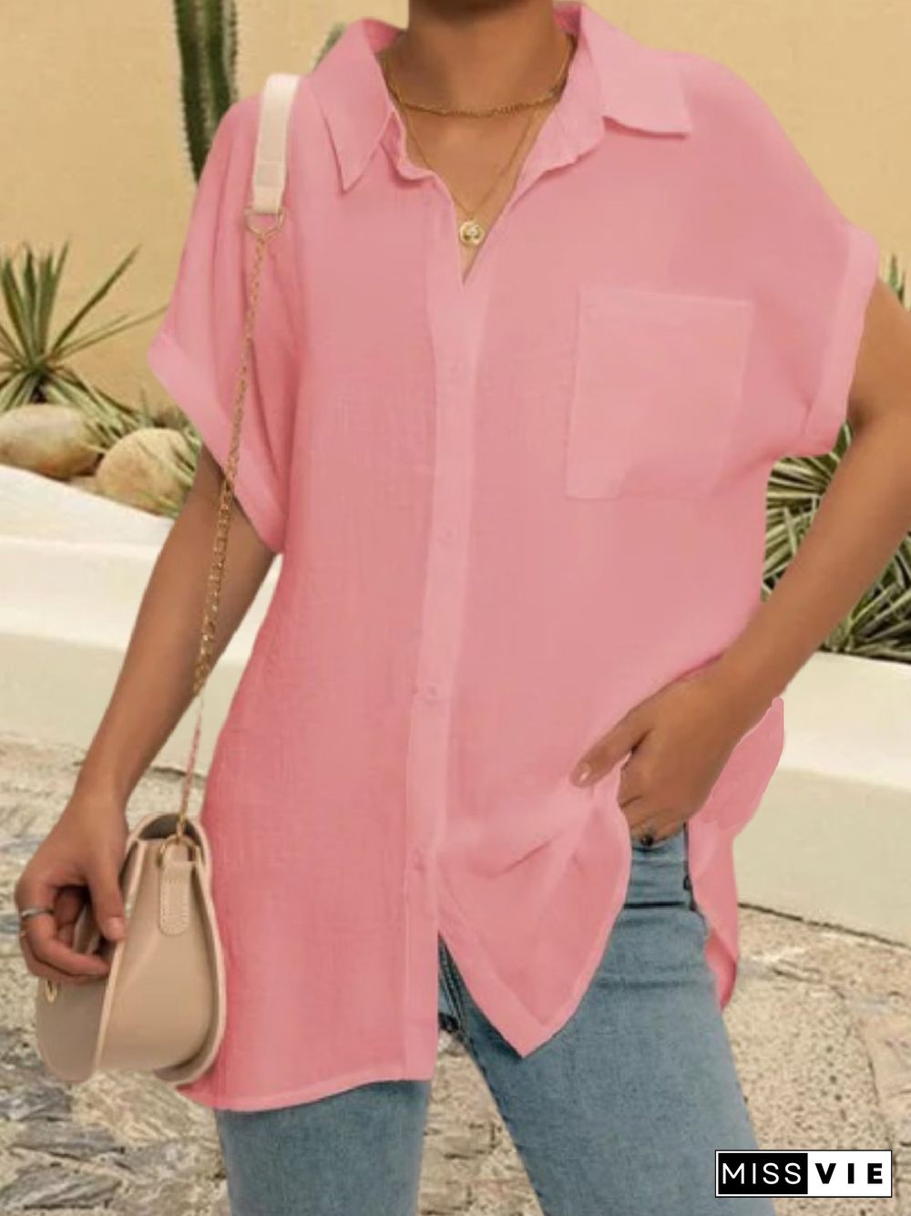 Women Plus Size Solid Color V Neck Short Sleeve Casual Blouse