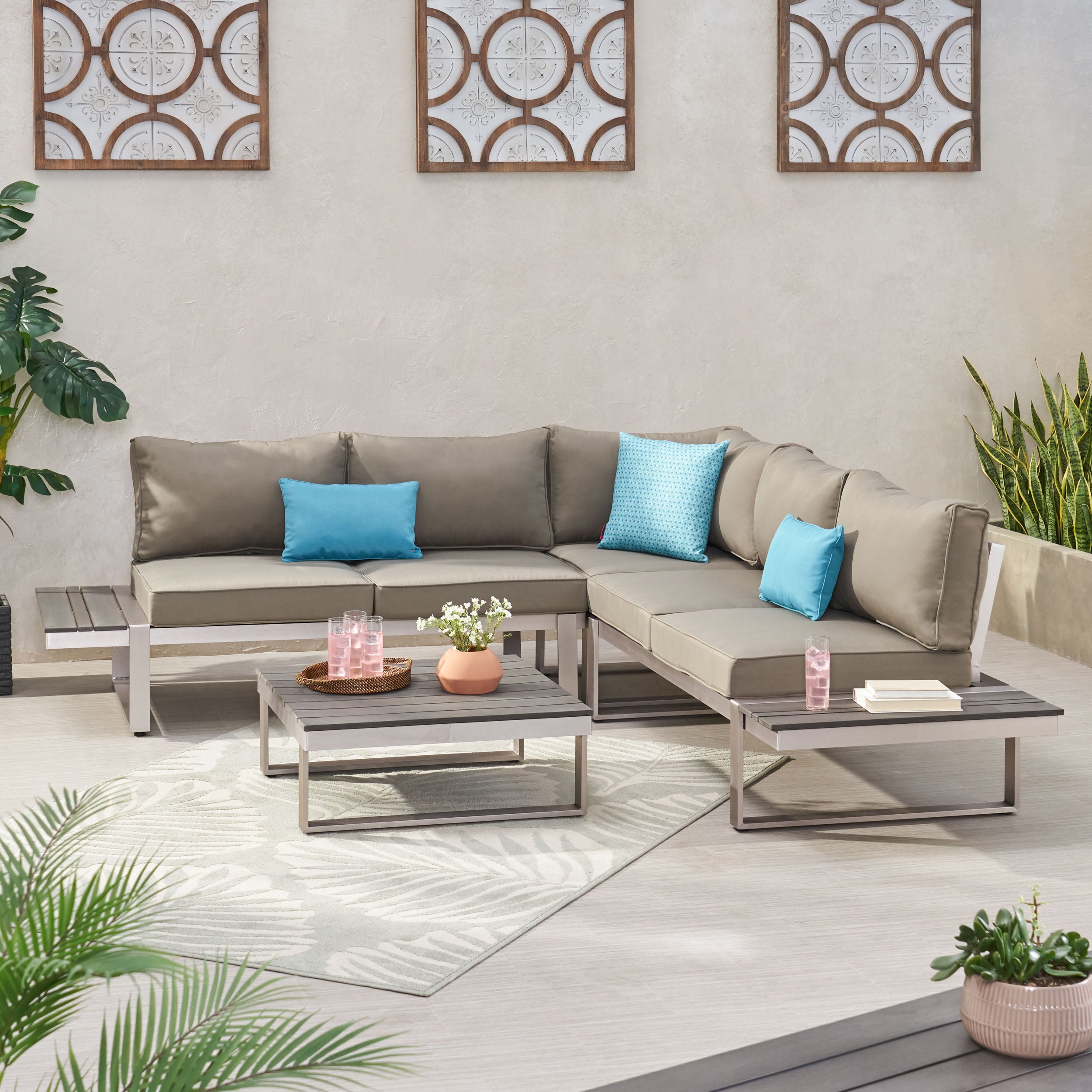 Johana Outdoor Aluminum V-Shaped 5 Seater Sofa Set with Cushions