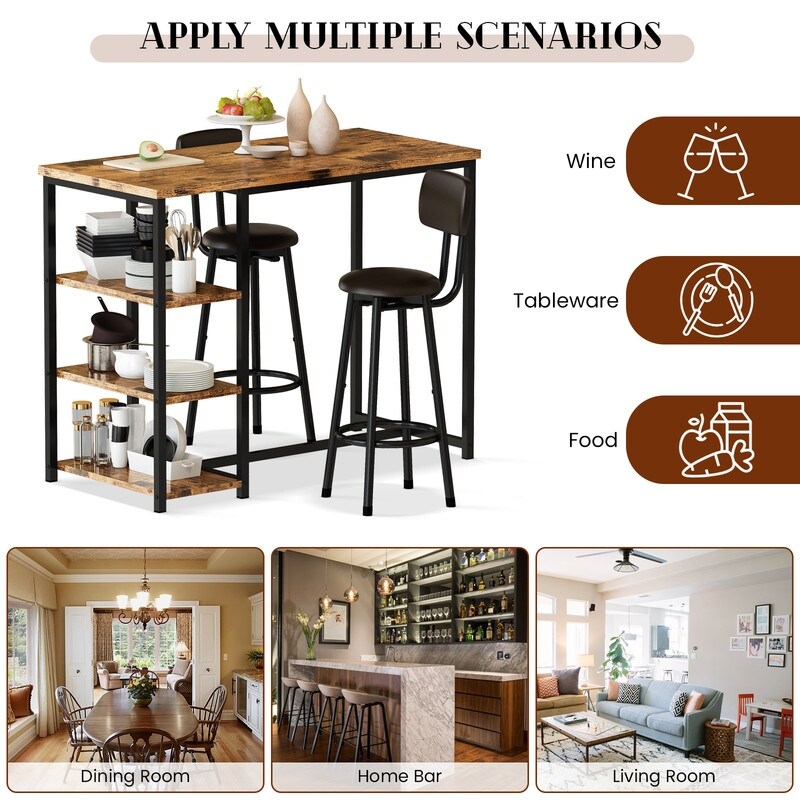 3 Pieces Industrial Bar Table Set  Counter Height Kitchen Pub Table Set with 3 Storage Shelves and Upholstered Stools