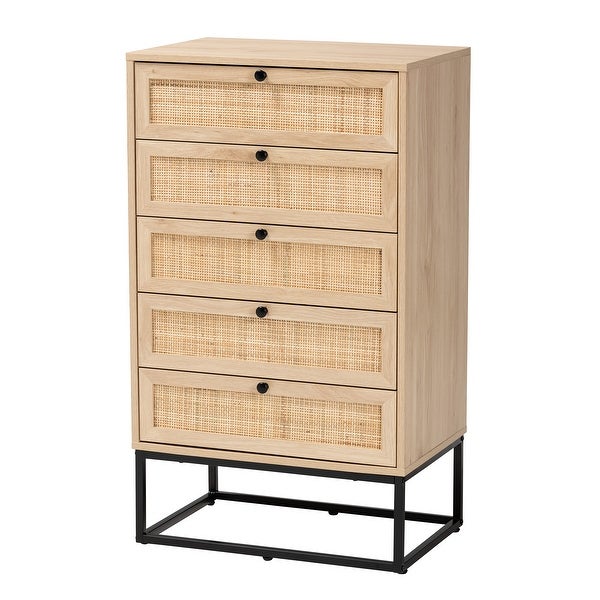 Amelia Mid-Century Modern Transitional Natural Brown Finished Wood and Natural Rattan 5-Drawer Storage Cabinet - - 36620824