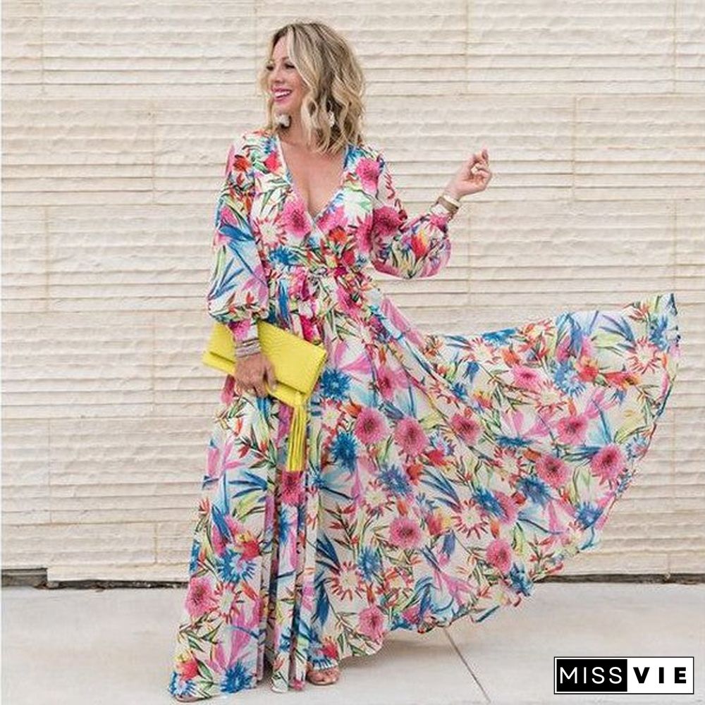 Trendy Botanical Print Long Sleeve Maxi Dress