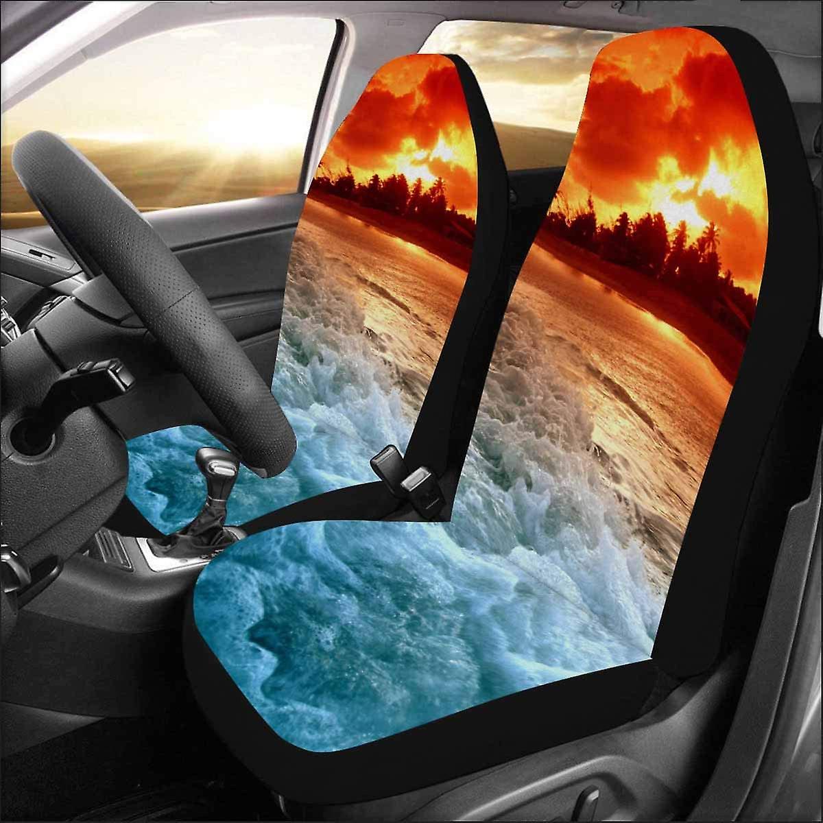 Set Of 2 Car Seat Covers Sunset Beach Waves Universal Auto Front Seats Protector Fits For Car，suv Sedan，truck