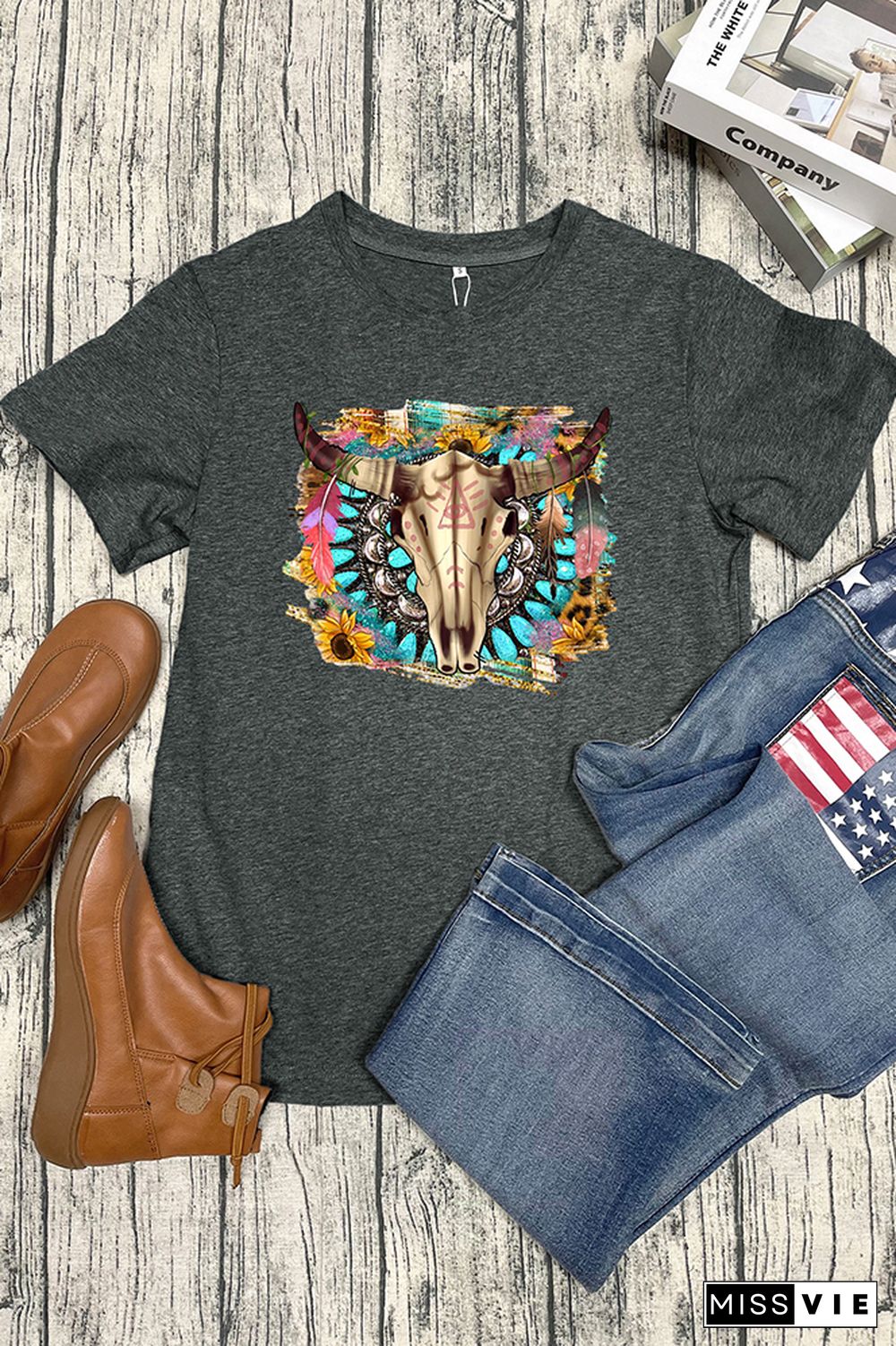 Western Boho Skull Pngturquoise And Leopard Short Sleeve Graphic Tee Wholesale