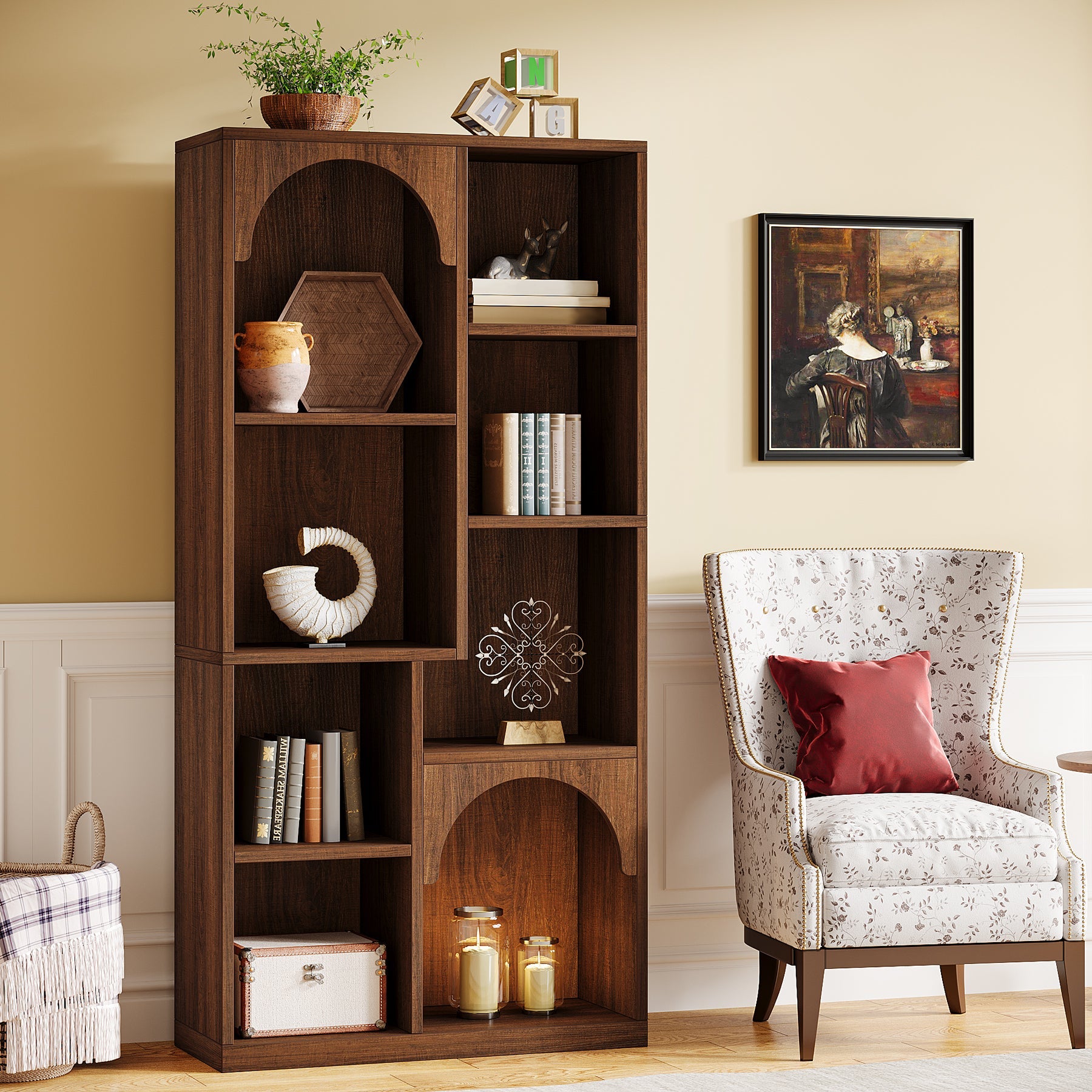 70 Bookshelf, 7-Tier Farmhouse Bookcase Arched Etagere