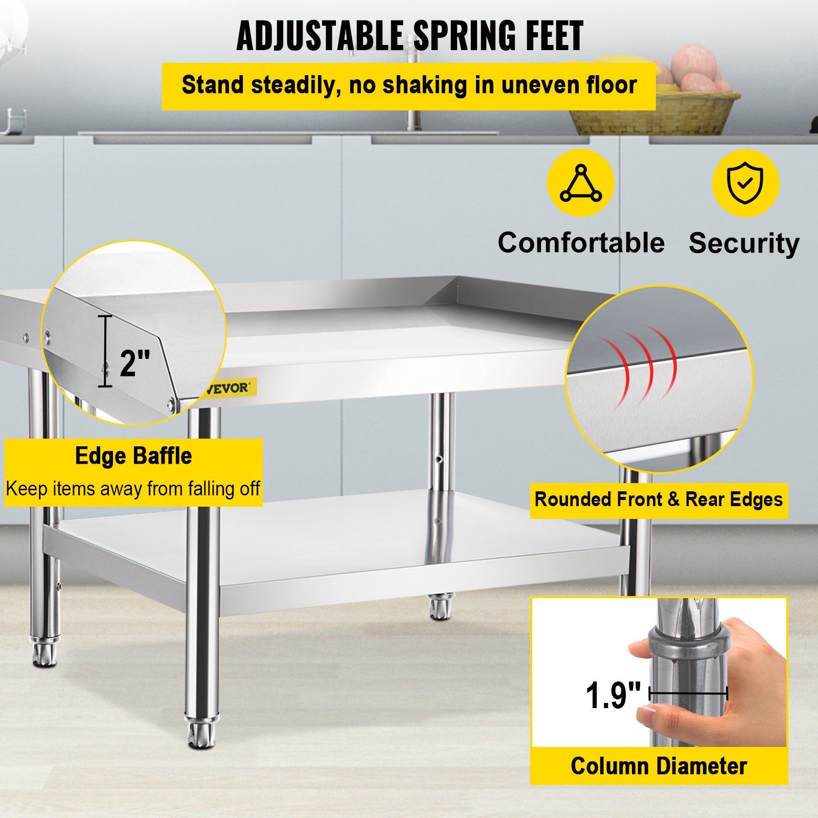 VEVORbrand Stainless Steel Table， 48 x 28 inch， Heavy Duty Workbench with Adjustable Storage Under Shelf and Table Feet， Commercial Equipment Stand for Hotel， Restaurant and Home Kitchen